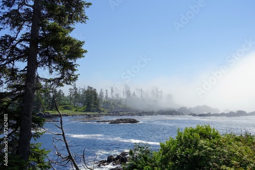 Beautiful day with misty seascape views of the rocky shoreline on the outside coast of Ucluelet facing the Pacific Ocean. © christopher
