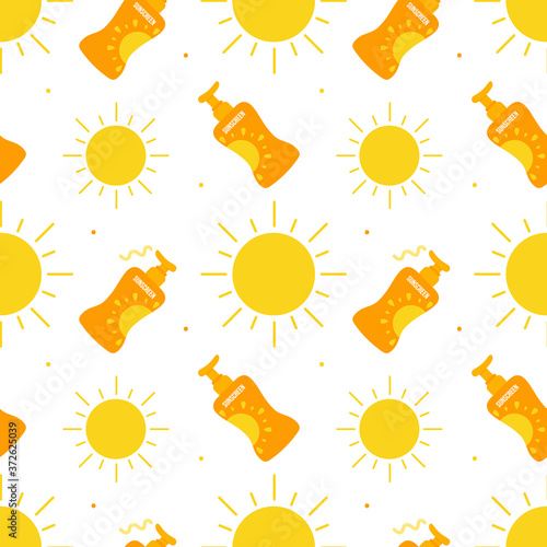Summer vacation vector seamless pattern background with sun and bottles of sunscreen icons.