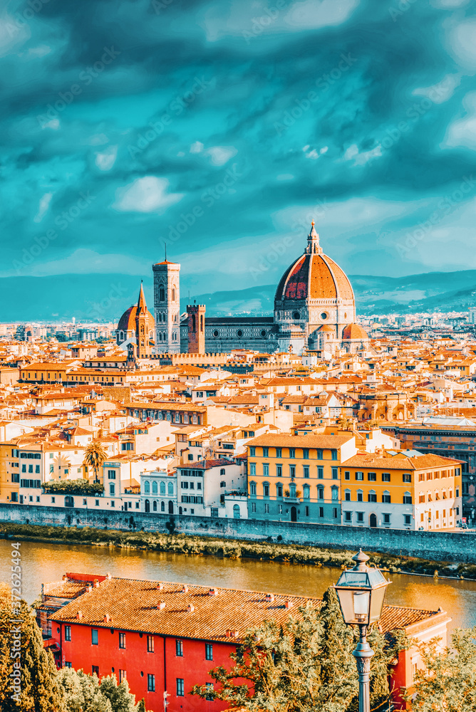 Fototapeta premium Beautiful landscape above, panorama on historical view of the Florence from Piazzale Michelangelo point. Morning time.