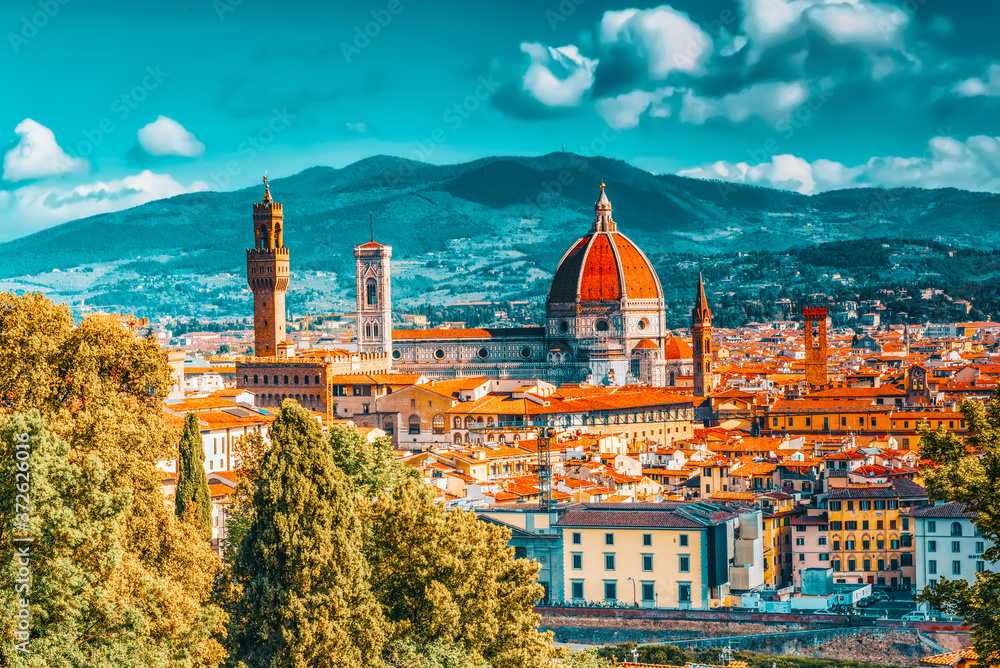 Obraz premium Beautiful landscape above, panorama on historical view of the Florence from Boboli Gardens (Giardino di Boboli ) point. Italy.