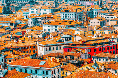 Panoramic view of Venice from the Campanile tower of St. Mark's Cathedral (Campanile di San Marco). Italy.