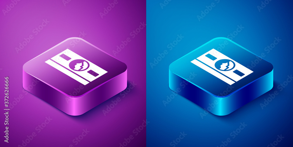 Isometric Stacks paper money cash icon isolated on blue and purple background. Money banknotes stacks. Bill currency. Square button. Vector Illustration. Isometric Stacks paper money cash icon isolated on blue and purple background. Money banknotes stacks. Bill currency. Square button. Vector Illustration.