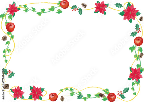 クリスマス ポインセチアなどの植物のフレームイラスト