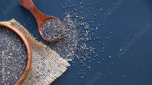 Chia seeds on wooden spoon isolated on white background. Chia grains that can be eaten to reduce weight well and high in protein and phosphorus,high in fiber and low calories. clean food and superfood photo