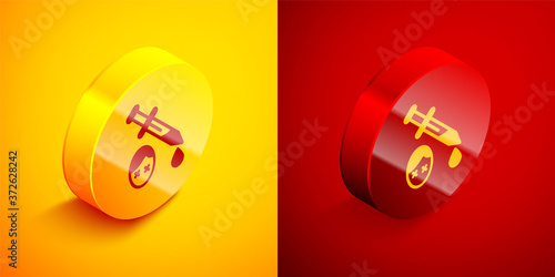 Isometric Sword with blood icon isolated on orange and red background. Medieval weapons knight and soldier. Symbol of murder. Circle button. Vector.