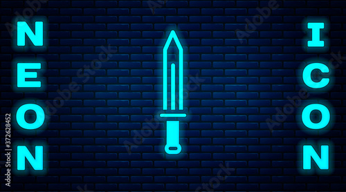 Glowing neon Medieval sword icon isolated on brick wall background. Medieval weapon. Vector.