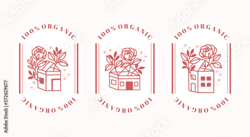 Set of hand drawn vintage home and botanical rose for feminine logo element, floral emblem or brand package