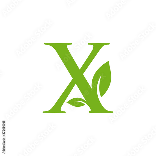 Letter X initial with green leaf logo vector design template