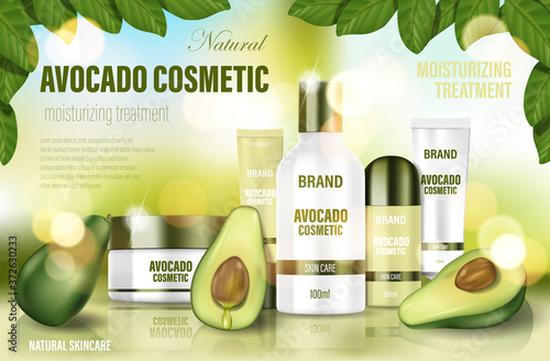 Avocado cosmetic poster ad. Realistic face cream, body wash, lotion, deodorant with green Avocado and tree leaves. Natural cosmetic bottle template. 3d illustration.