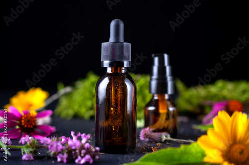 Cosmetic bottle on nature background. Natural eco friendly organic cosmetics concept.