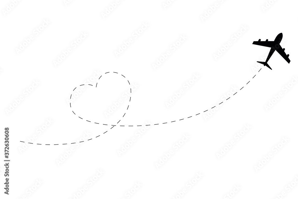 Airplane dotted route line. Airplane route path icon. Airplane route in heart shape. Romantic travel concept. Airplane dotted route line. Airplane route path icon. Airplane route in heart shape. Romantic travel concept.