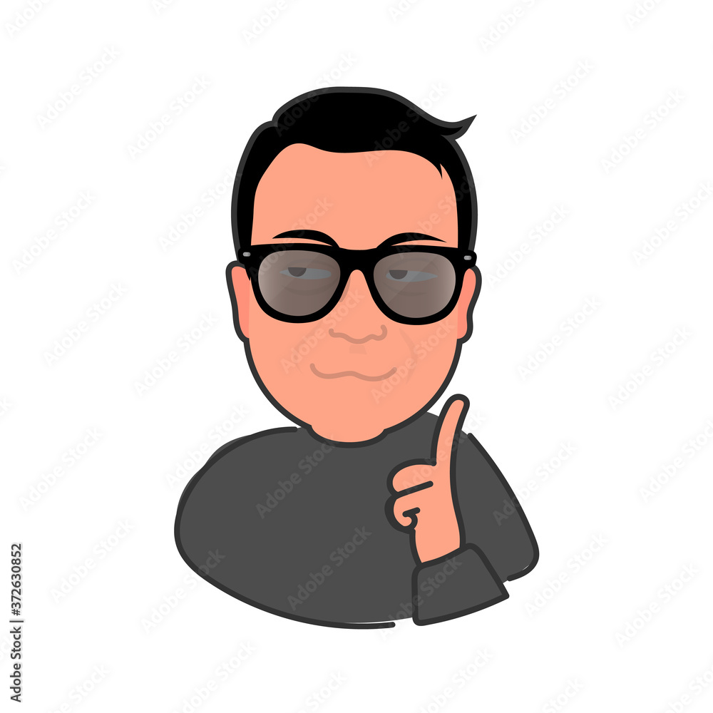 The man with glasses raises his finger up. The boy has an idea. Suitable for social media, postcards, stickers, t-shirts and prints. Isolated, vector. The man with glasses raises his finger up. The boy has an idea. Suitable for social media, postcards, stickers, t-shirts and prints. Isolated, vector.