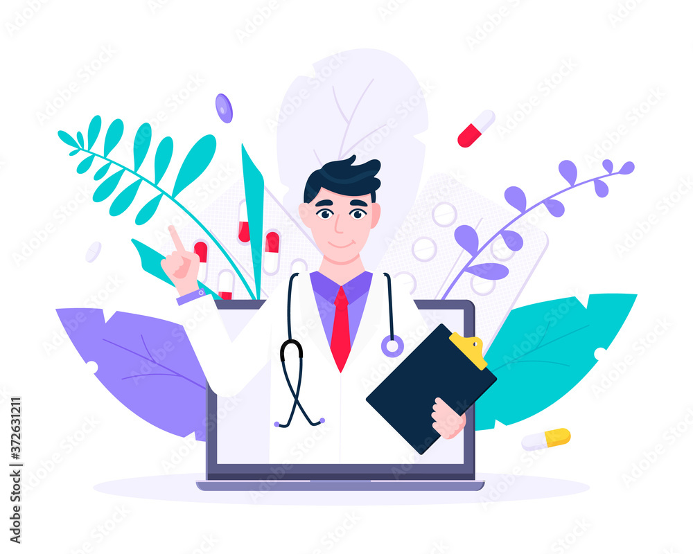 Online doctor medical service concept with doctor in the laptop vector illustration. Telemedicine web consultation for patients health care check ups and taking medicine prescription pills. Online doctor medical service concept with doctor in the laptop vector illustration. Telemedicine web consultation for patients health care check ups and taking medicine prescription pills.