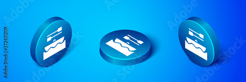 Isometric Boat with oars icon isolated on blue background. Water sports, extreme sports, holiday, vacation, team building. Blue circle button. Vector.