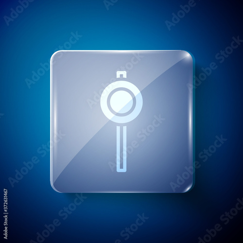 Fototapeta Naklejka Na Ścianę i Meble -  White Road traffic sign. Signpost icon isolated on blue background. Pointer symbol. Street information sign. Direction sign. Square glass panels. Vector.
