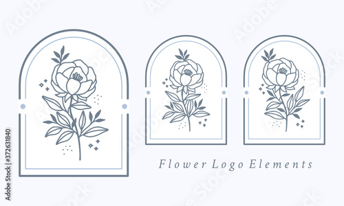 Hand drawn botanical peony flower logo element collection for feminine beauty logo or brand package