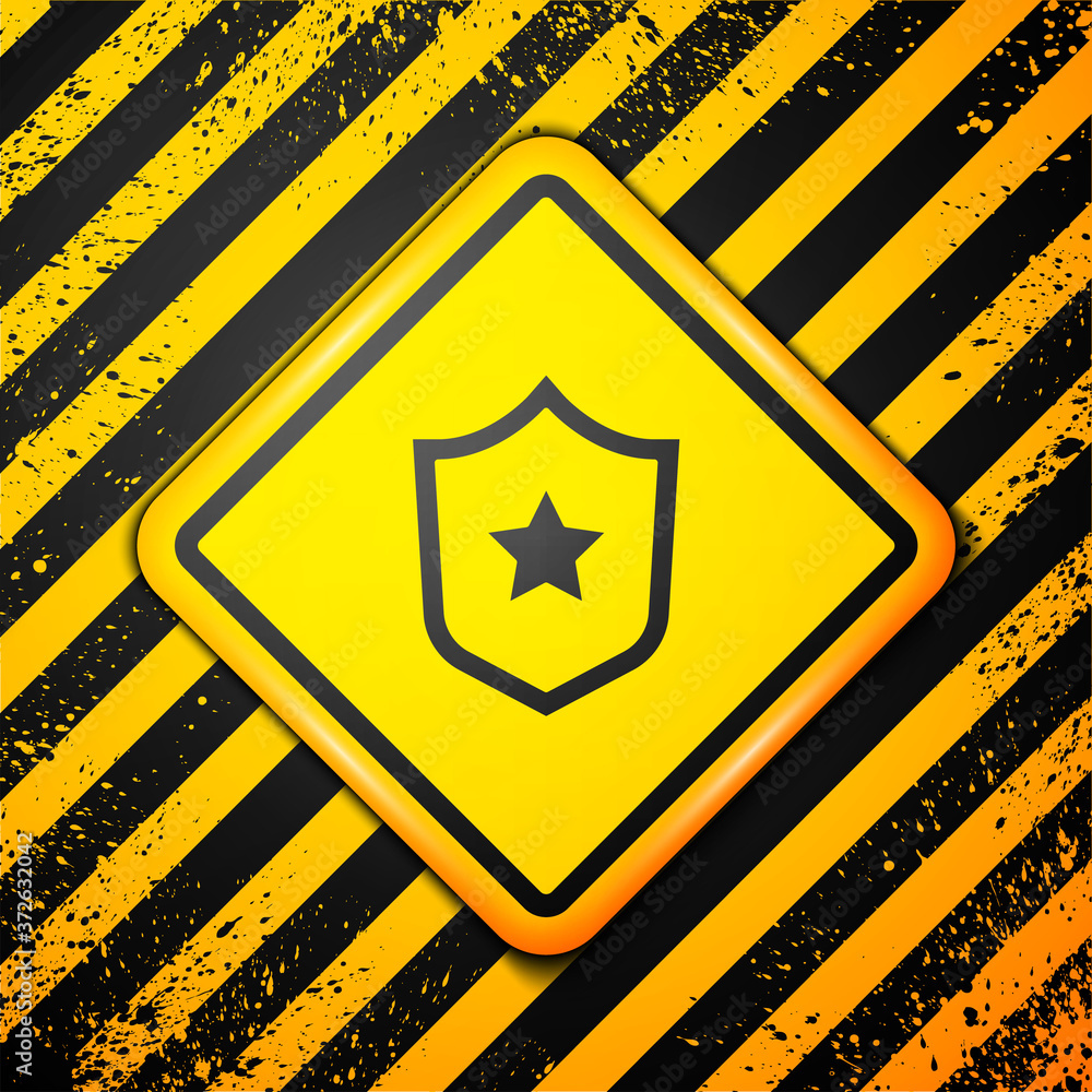Black Police badge icon isolated on yellow background. Sheriff badge sign. Shield with star symbol. Warning sign. Vector. Black Police badge icon isolated on yellow background. Sheriff badge sign. Shield with star symbol. Warning sign. Vector.