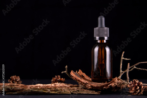 composition with glass bottle of body care organic cosmetics on tree bark pedestal   Cosmetic background  mock up for product presentation.