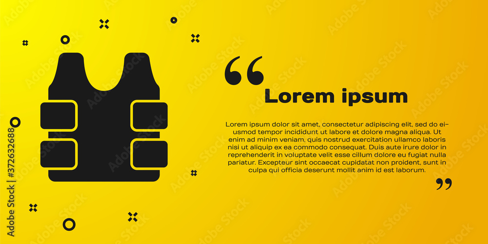 Black Bulletproof vest for protection from bullets icon isolated on yellow background. Body armor sign. Military clothing. Vector. Black Bulletproof vest for protection from bullets icon isolated on yellow background. Body armor sign. Military clothing. Vector.