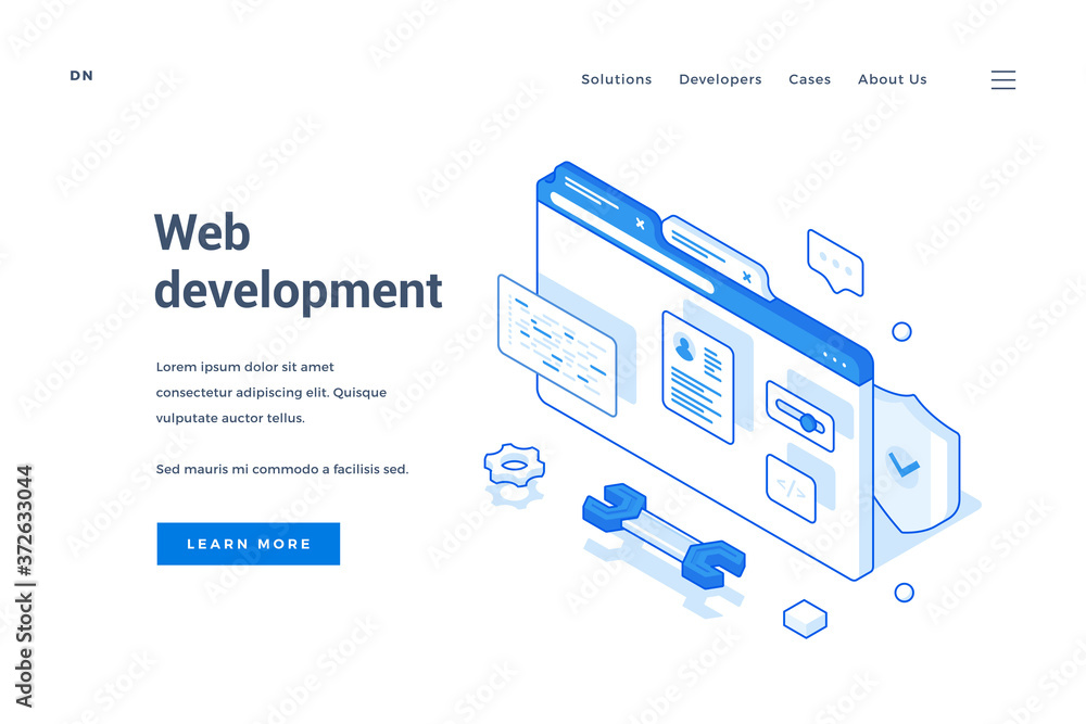 Isometric banner about web development in Internet