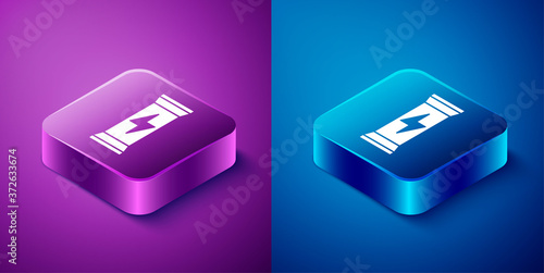 Isometric Sports nutrition bodybuilding proteine power drink and food icon isolated on blue and purple background. Square button. Vector.