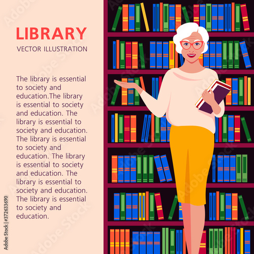 An elderly woman holds books in her hand. The librarian stands against the background of a bookcase. University library. The seller in the bookstore. Vector flat illustration.