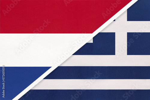 Netherlands or Holland and Greece, symbol of national flags from textile. Championship between two countries.