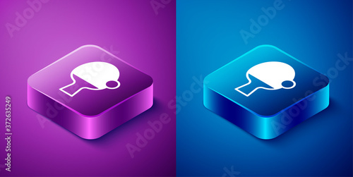 Isometric Racket for playing table tennis icon isolated on blue and purple background. Square button. Vector.