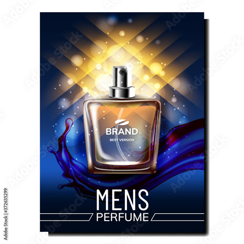 Perfume For Men Creative Promotional Banner Vector. Blank Perfume Flask On Luxury Advertising Marketing Poster. Fashionable Aroma Toiletry Water Gift On Holiday Color Concept Template Illustration