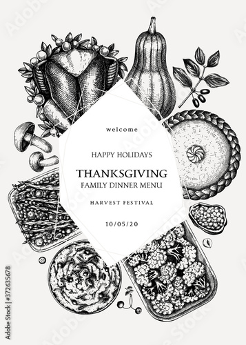 Thanksgiving day dinner wreath design. With roasted turkey, cooked vegetables, rolled meat, baking cakes and pies sketches. 