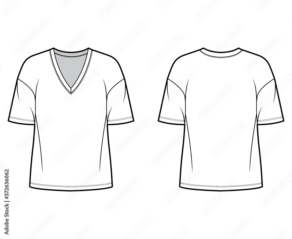 Naklejka premium Cotton-jersey t-shirt technical fashion illustration with plunging V-neckline, elbow sleeves, dropped shoulders. Flat outwear basic apparel template front back white color. Women men unisex top mockup