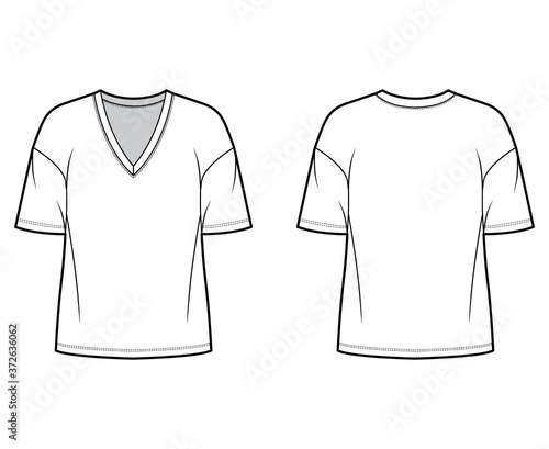 Cotton-jersey t-shirt technical fashion illustration with plunging V-neckline, elbow sleeves, dropped shoulders. Flat outwear basic apparel template front back white color. Women men unisex top mockup