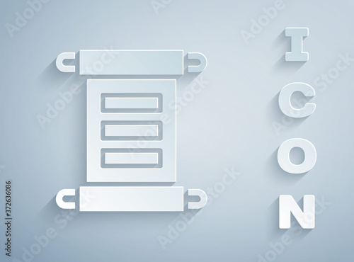 Paper cut Decree, paper, parchment, scroll icon icon isolated on grey background. Paper art style. Vector.