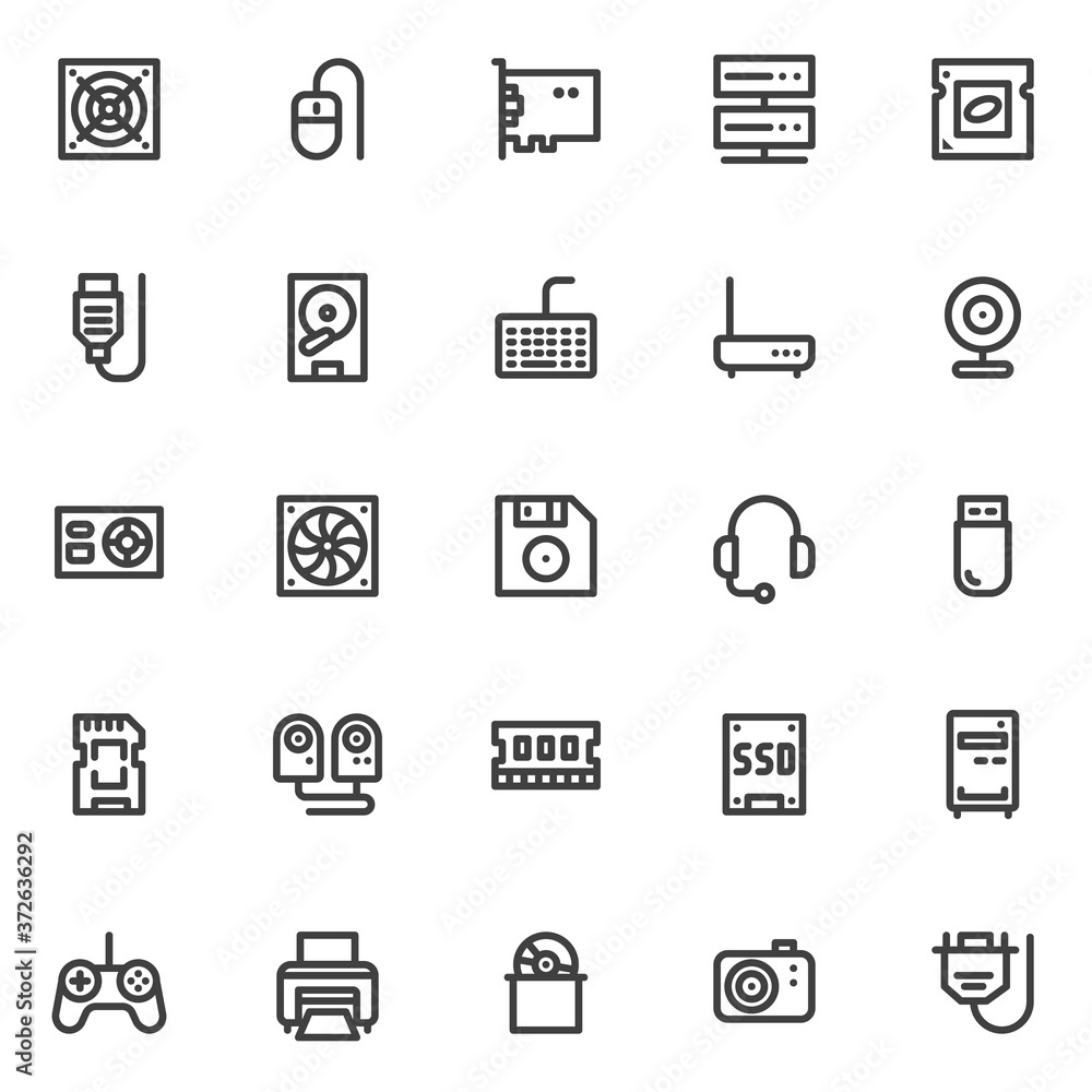 Computer hardware line icons set. linear style symbols collection, PC Components outline signs pack. vector graphics. Set includes icons as CPU processor, RAM, power unit supply, cables, data server Computer hardware line icons set. linear style symbols collection, PC Components outline signs pack. vector graphics. Set includes icons as CPU processor, RAM, power unit supply, cables, data server