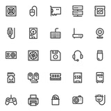 Computer hardware line icons set. linear style symbols collection, PC Components outline signs pack. vector graphics. Set includes icons as CPU processor, RAM, power unit supply, cables, data server
