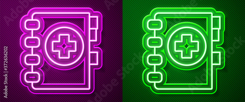 Glowing neon line Medical clipboard with clinical record icon isolated on purple and green background. Prescription, medical check marks report. Vector Illustration.