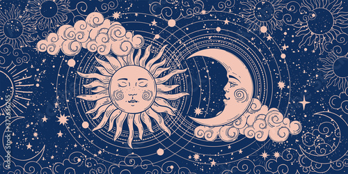 Magic banner for astrology, divination, magic. The device of the universe, crescent moon and sun with moon on a blue background. Esoteric vector illustration, pattern
