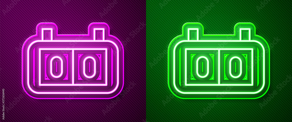 Glowing neon line Sport mechanical scoreboard and result display icon isolated on purple and green background. Vector Illustration.