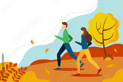 Man and woman running in the Park. Cute autumn illustration in flat style. 