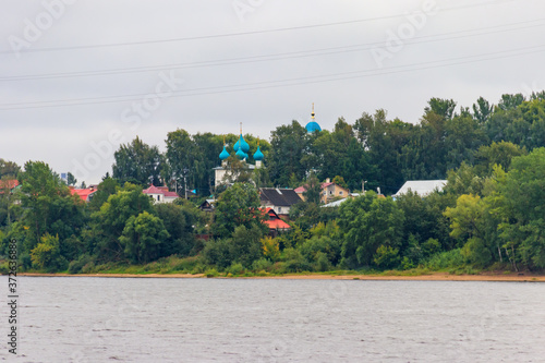 View of the Volga river with Savior church on a bank in Yaroslavl, Russia