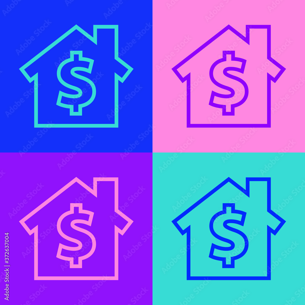 Pop art line House with dollar symbol icon isolated on color background. Home and money. Real estate concept. Vector Illustration. Pop art line House with dollar symbol icon isolated on color background. Home and money. Real estate concept. Vector Illustration.