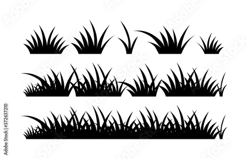 Black silhouette grass vector, horizontal border. Set of elements for design, meadow, field, plants. The illustration is isolated on a white background.