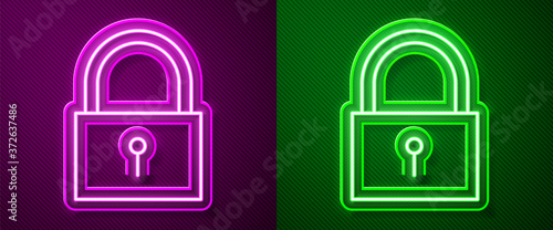 Glowing neon line Lock icon isolated on purple and green background. Padlock sign. Security, safety, protection, privacy concept. Vector Illustration.