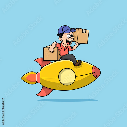 Illustration of man delivering packages on rockets