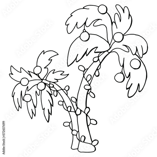 Palm tree decorated with New Year's garlands. Coloring book for kids and adults. Line art. White background, isolator. Stock illustration.