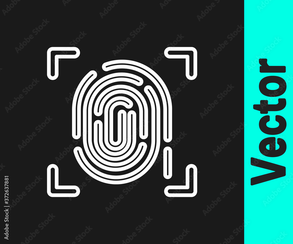 White line Fingerprint icon isolated on black background. ID app icon. Identification sign. Touch id. Vector. White line Fingerprint icon isolated on black background. ID app icon. Identification sign. Touch id. Vector.