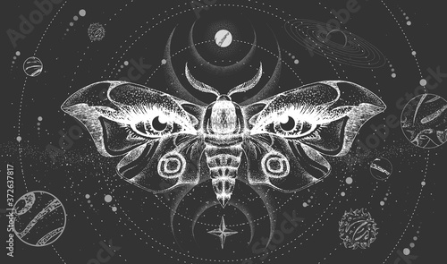 Modern magic witchcraft card with solar system and butterfly. Hand drawing occult vector illustration