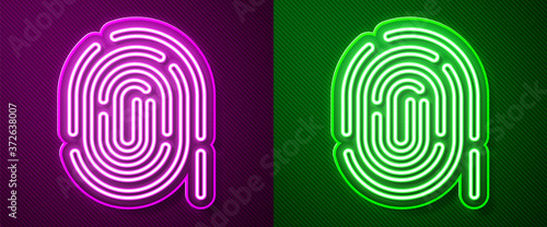 Glowing neon line Fingerprint icon isolated on purple and green background. ID app icon. Identification sign. Touch id. Vector.