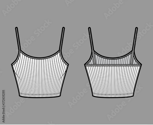 Ribbed cropped camisole technical fashion illustration with scoop neck, fitted knit body, waist length. Flat outwear basic tank apparel template front back white color. Women men unisex shirt top CAD