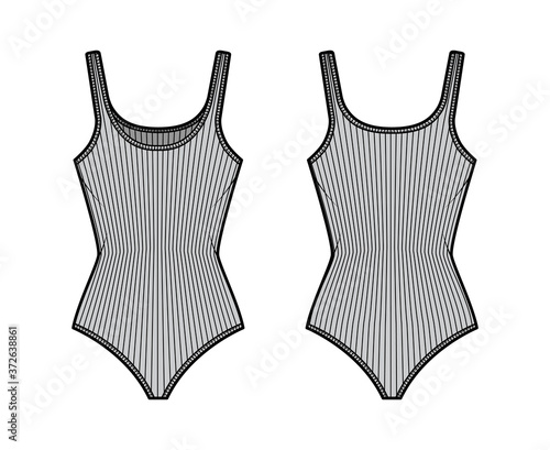 Ribbed cotton-jersey tank bodysuit technical fashion illustration with fitted knit body, sleeveless. Flat outwear cami apparel template front, back, grey color. Women men unisex top CAD mockup.